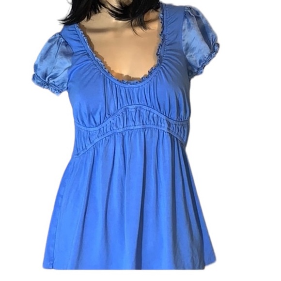 INC International Concepts  Blue Silk Trimmed Short Sleeve Baby Doll Top M - Picture 1 of 3